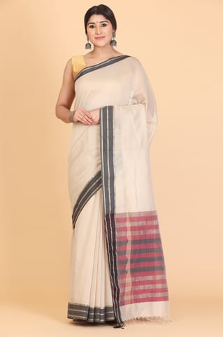 Living Looms of India - Maheshwari Resham Ruiphool Border Grey Saree
