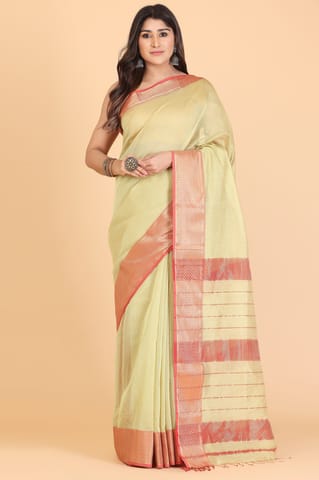 Living Looms of India - Zig Zag Chatai Border Light Green Maheshwari Tissue Saree