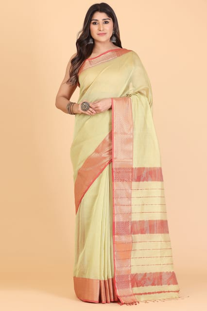 Living Looms of India - Zig Zag Chatai Border Light Green Maheshwari Tissue Saree