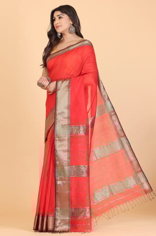 Living Looms of India - Zari Chatai Big Small Border Red Maheshwari Cotton and Silk Saree