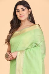 Living Looms of India - Mint Green Zig Zag Chatai border Maheshwari Tissue Saree