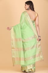 Living Looms of India - Mint Green Zig Zag Chatai border Maheshwari Tissue Saree