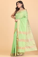 Living Looms of India - Mint Green Zig Zag Chatai border Maheshwari Tissue Saree