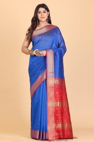 Living Looms of India - Big Umbi Buti Maheshwari Cotton and Silk Blue Saree