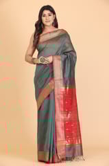 Living Looms of India - Big Umbi Buti Sage Green Maheshwari Cotton and Silk Saree