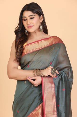 Living Looms of India - Big Umbi Buti Sage Green Maheshwari Cotton and Silk Saree