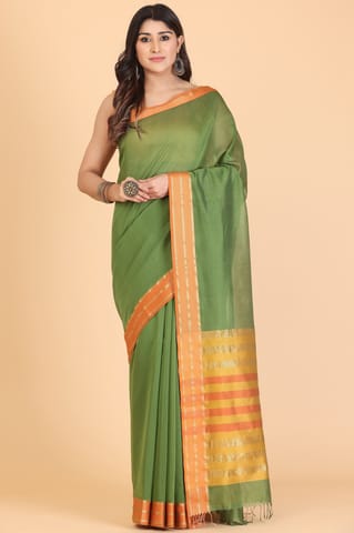 Living Looms of India - Diya border Maheshwari Cotton and Silk Green Saree