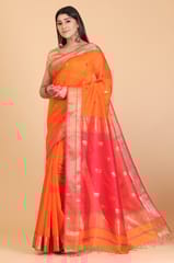 Living Looms of India - Orange Bhund Buti Maheshwari Saree with Gold Zari Work