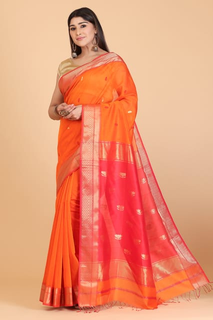 Living Looms of India - Orange Bhund Buti Maheshwari Saree with Gold Zari Work