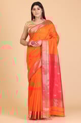 Living Looms of India - Orange Bhund Buti Maheshwari Saree with Gold Zari Work