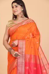 Living Looms of India - Orange Bhund Buti Maheshwari Saree with Gold Zari Work