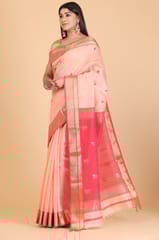 Living Looms of India - Salmon Pink Bhund Buti Maheshwari Saree with Gold Zari Work