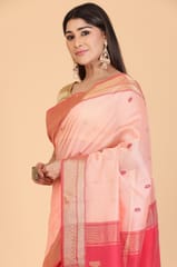 Living Looms of India - Salmon Pink Bhund Buti Maheshwari Saree with Gold Zari Work