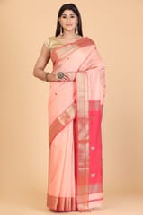 Living Looms of India - Salmon Pink Bhund Buti Maheshwari Saree with Gold Zari Work