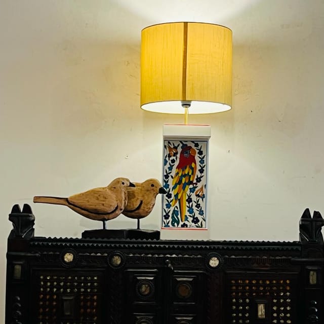 Khoj Crafts - Noor 22 : Floral and Avian Painted Ceramic Tile Decorative Table  Lamp ( Shade Included)