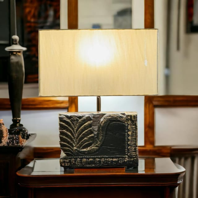 Khoj Crafts - Carved, Wooden Table Lamp  ( Shade included) : Noor 30