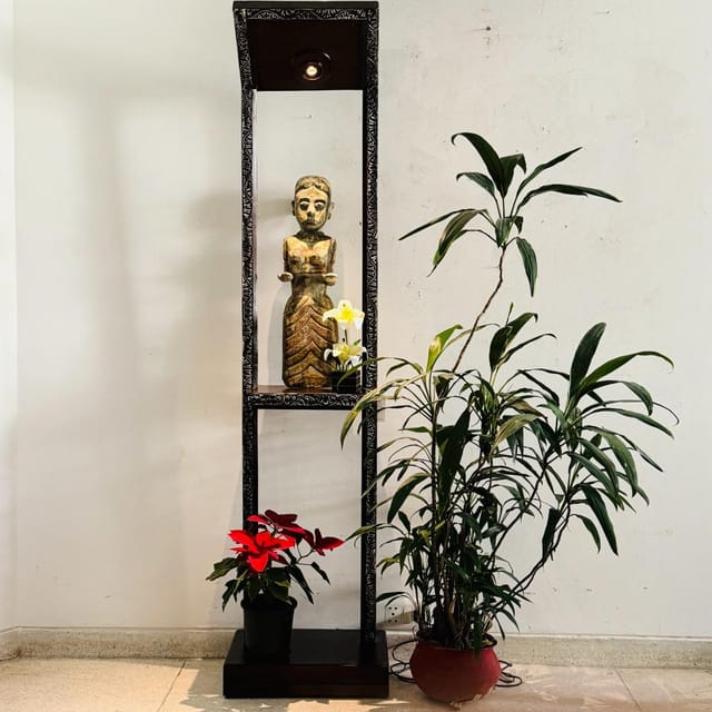Khoj Crafts - Tall Wooden Floor Lamp  with Display Shelves: Noor 34