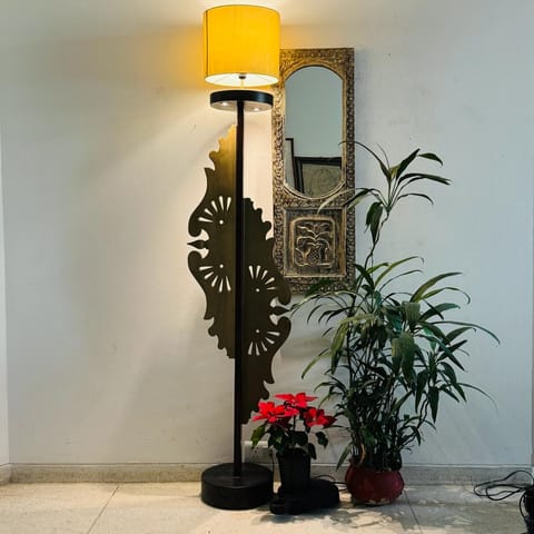 Khoj Crafts - Tall, Wooden, Floor Lamp : Noor 35 (Shade Included )