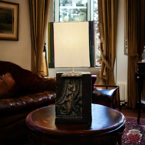 Khoj Crafts - Carved, Wooden Table  Lamp- Noor 24 (Shade Included )