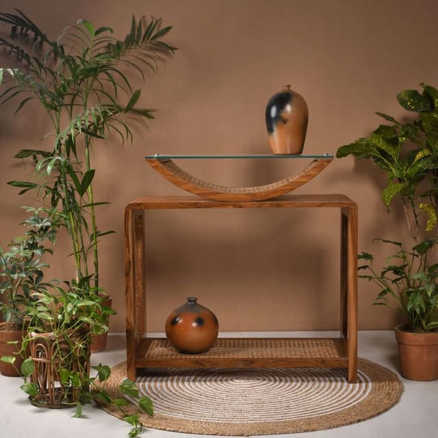 Opaque Studio-Arch Cane Teak Wood Console Table