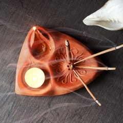 Craftlipi - 4 in 1 Puja Essential : Terracotta Clay Designer Textured "FIRE ANGLE" + complimentary candles, cotton wicks & Agarbatti