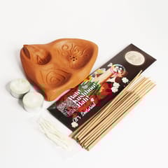 Craftlipi - 4 in 1 Puja Essential : Terracotta Clay Designer Textured "FIRE ANGLE" + complimentary candles, cotton wicks & Agarbatti