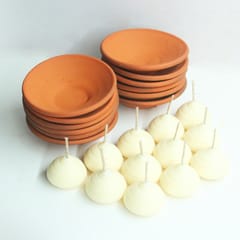 Craftlipi - Terracotta Clay "PLATO" Candle Pot / Holder / Plate : Set of 12 + Complimentary Candles / Tealights 12 pcs