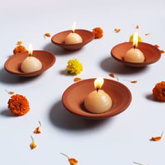 Craftlipi - Terracotta Clay "PLATO" Candle Pot / Holder / Plate : Set of 12 + Complimentary Candles / Tealights 12 pcs