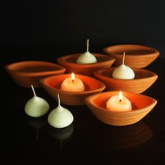 Craftlipi - Terracotta Clay "BOAT" Candle Pot / Holder : Set of 6 + Complimentary Candles / Tealights 6 pcs