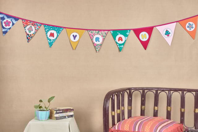 UMW - Upcycled Personalized Name Banner with Cupcake & Flower Motifs (Triangle Flag)
