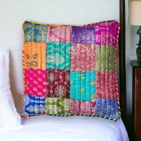 UMW - Silk Symphony Patchwork Cushion Covers with Lace Piping (100% Silk)
