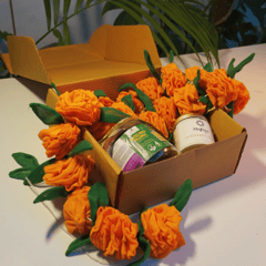 UMW - Eco Diwali Gift Box 2 | Genda/Marigold Cloth Flower Garland | Soy Candle Jar | Dates Jar with Filling