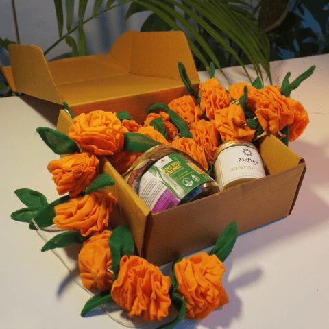 UMW - Eco Diwali Gift Box 2 | Genda/Marigold Cloth Flower Garland | Soy Candle Jar | Dates Jar with Filling
