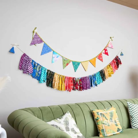 UMW - Upcycled Party Streamer Combo - Rainbow Banner Bunting + Rainbow Fringe Streamer Garland (Pack of 2)