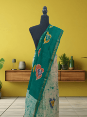 Anoothi-A Handpainted Batik Maheshwari Silk Cotton Saree in Turquoise and White