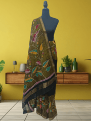 Anoothi-A Handpainted Batik Maheshwari Silk Cotton Saree in Olive Green and Dark Green