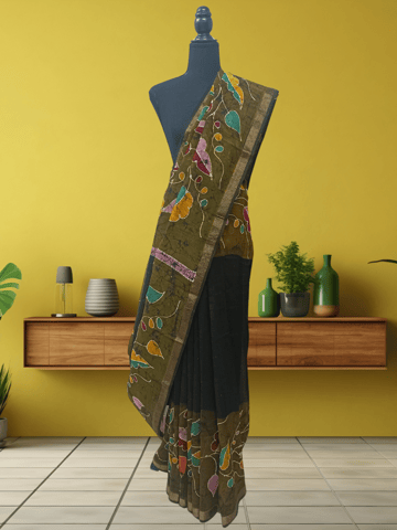 Anoothi-A Handpainted Batik Maheshwari Silk Cotton Saree in Olive Green and Dark Green