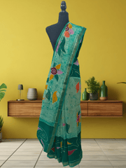 Anoothi-A Handpainted Batik Maheshwari Silk Cotton Saree in Light Green and Dark Green