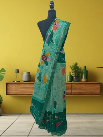 Anoothi-A Handpainted Batik Maheshwari Silk Cotton Saree in Light Green and Dark Green