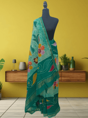 Anoothi-A Handpainted Batik Maheshwari Silk Cotton Saree in Light Green and Dark Green