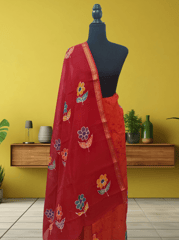 Anoothi-A Handpainted Batik Maheshwari Silk Cotton Saree in Orange and Red