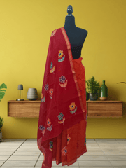Anoothi-A Handpainted Batik Maheshwari Silk Cotton Saree in Orange and Red