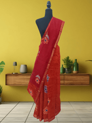 Anoothi-A Handpainted Batik Maheshwari Silk Cotton Saree in Orange and Red