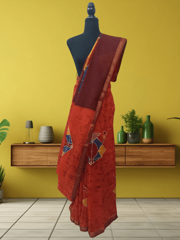 Anoothi-A Handpainted Batik Maheshwari Silk Cotton Saree in Dark Orange and Dark Brown
