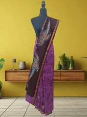 Anoothi-A Handpainted Batik Maheshwari Silk Cotton Saree in Purple and Dark Brown