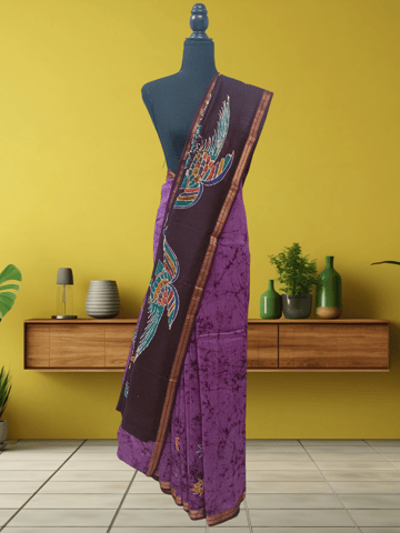 Anoothi-A Handpainted Batik Maheshwari Silk Cotton Saree in Purple and Dark Brown