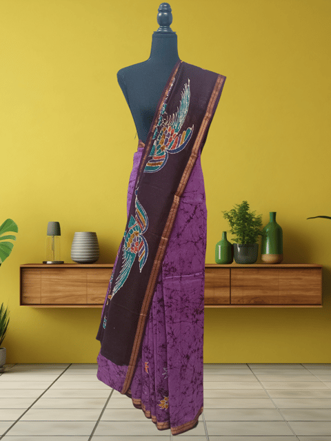 Anoothi-A Handpainted Batik Maheshwari Silk Cotton Saree in Purple and Dark Brown