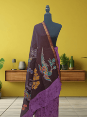 Anoothi-A Handpainted Batik Maheshwari Silk Cotton Saree in Purple and Dark Brown