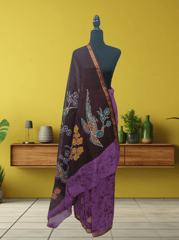 Anoothi-A Handpainted Batik Maheshwari Silk Cotton Saree in Purple and Dark Brown