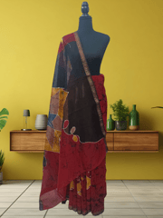 Anoothi-A Handpainted Batik Maheshwari Silk Cotton Saree in Red and Black